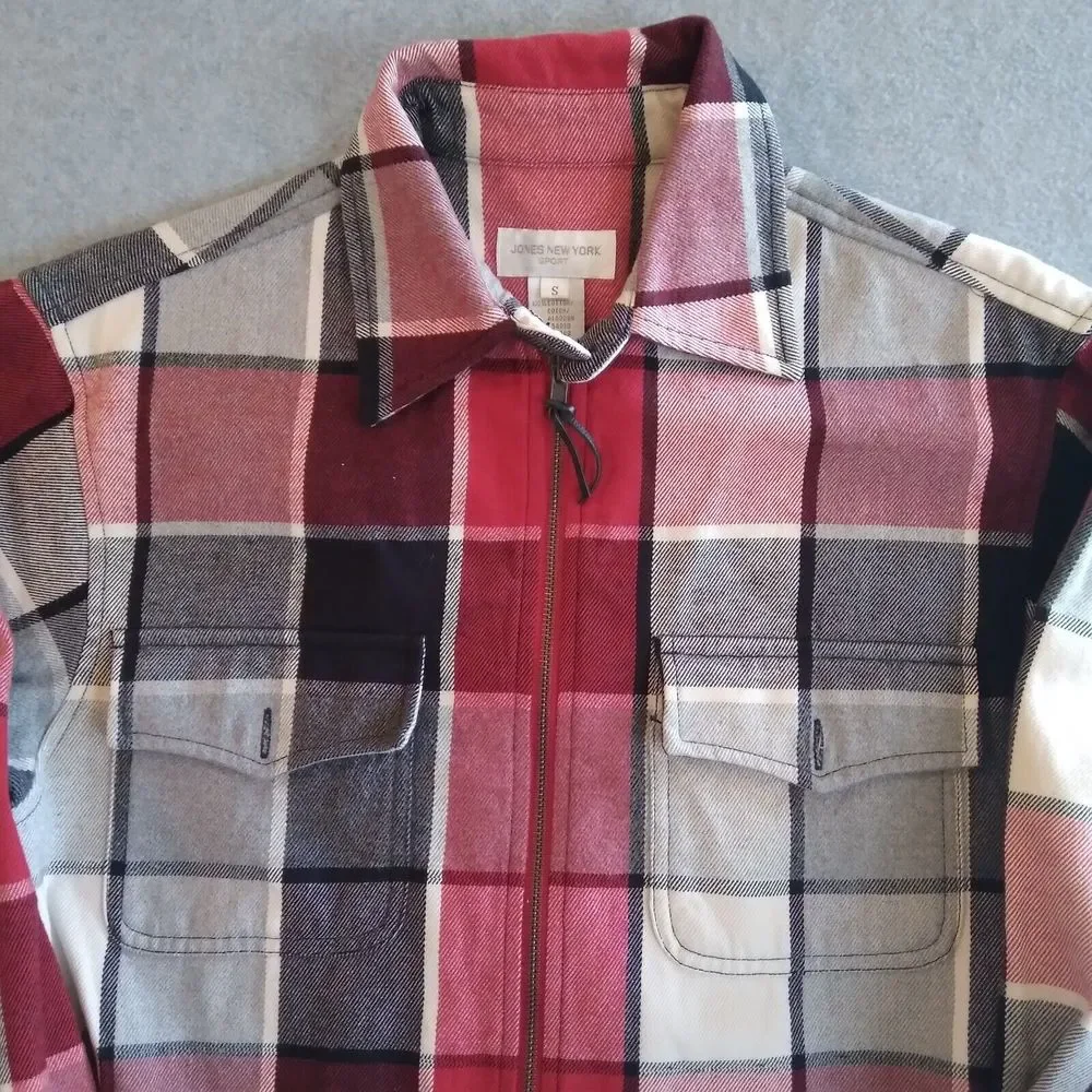 Jones New York Sport Jacket Womens Small Red Plaid Flannel Full Zip Cotton_2